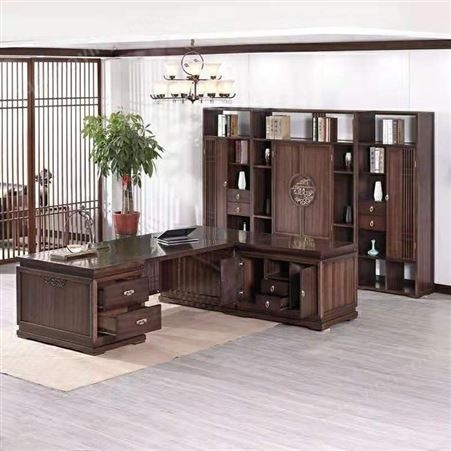 新中式海棠木办公桌 新中式办公桌家具 简约新中式办公桌图片