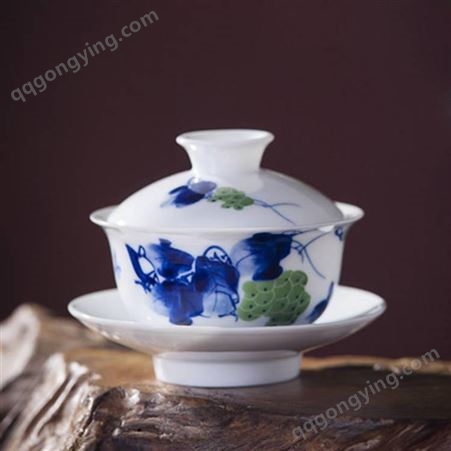 陶瓷中式青花盖碗 白瓷功夫茶具 家用泡茶三才杯敬茶碗