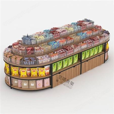 好幸福零食店展柜 四层钢木梯形零食货架厂家 杭州坚塔货架