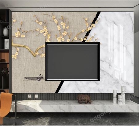  现代简约大理石纹石材悬空电视背景墙 岩板 微晶石 一品瓷