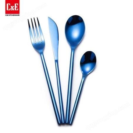 天蓝色不锈钢餐具四件套，蓝色之恋经典刀叉勺四件套装，创艺厨具