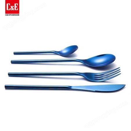 天蓝色不锈钢餐具四件套，蓝色之恋经典刀叉勺四件套装，创艺厨具